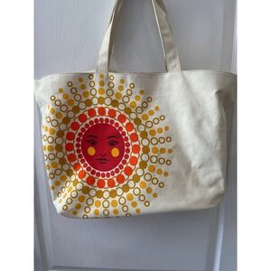 Bath & Body Works Retro Sun Face Canvas Tote Bag Cream Orange Yellow Large